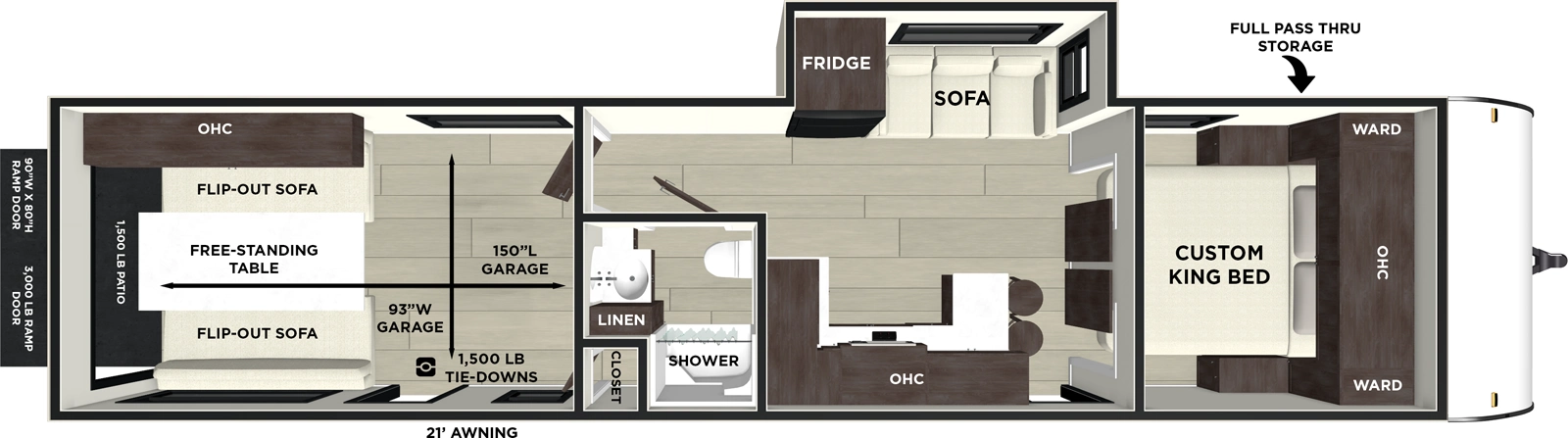 The Wildwood FSX 290RTK floorplan is a toy hauler that has two entries and one slide out. Exterior features include: fiberglass exterior, 21' awning and outside kitchen. Interiors features include: front bedroom.